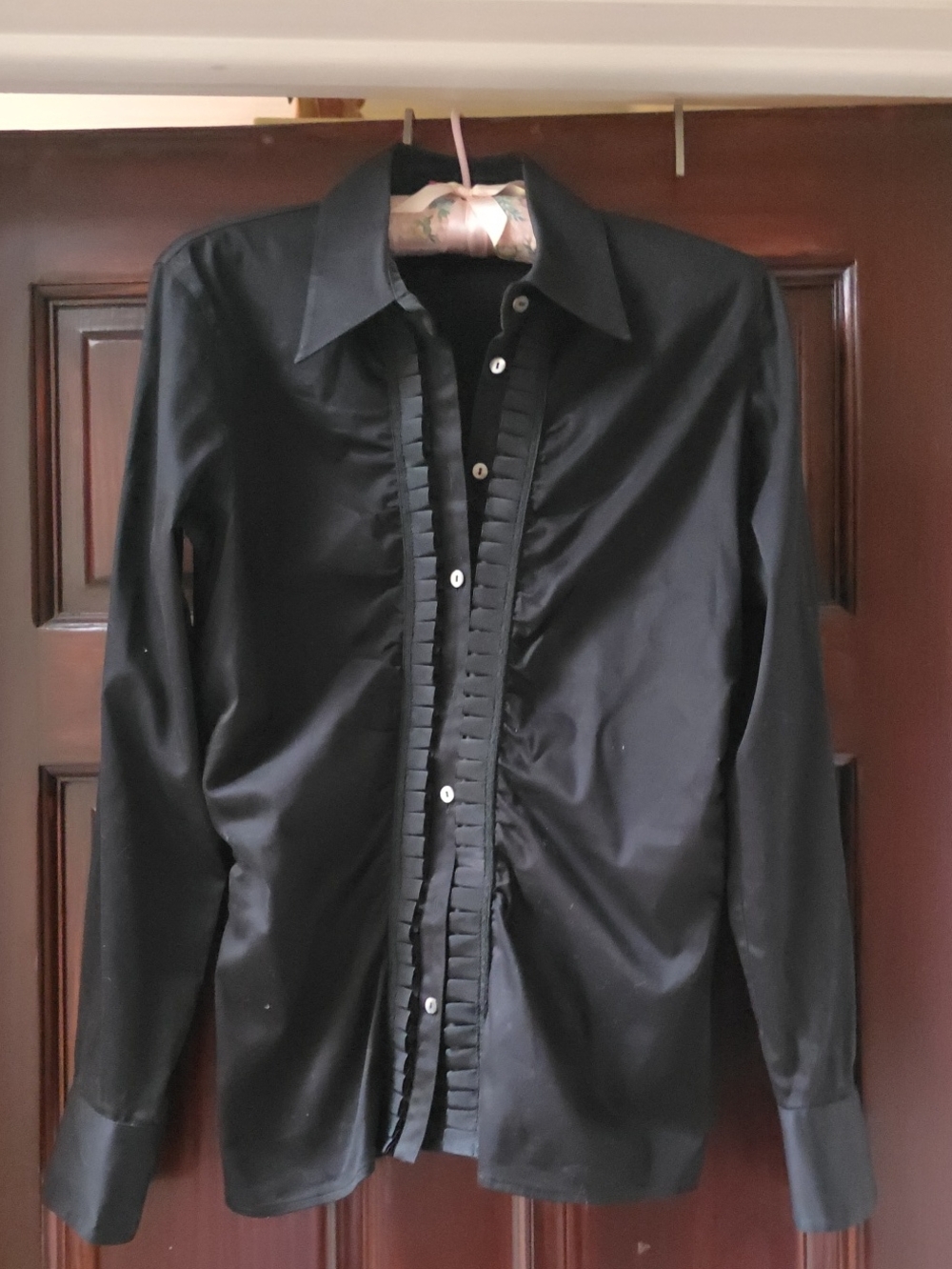 Black Womans Rauched  Ruffle Front Dress Shirt